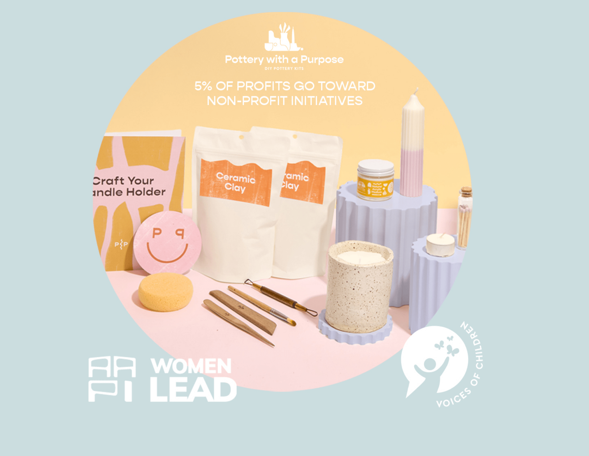 Shown is an image of a DIY Pottery Kit with the logos of AAPI Women Lead and Voices of Children who are donation recipients this quarter