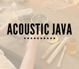 Text 'ACOUSTIC JAVA' with a blurred background of a person doing pottery