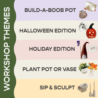 Promotional graphic for pottery workshops with different themes and holiday editions.