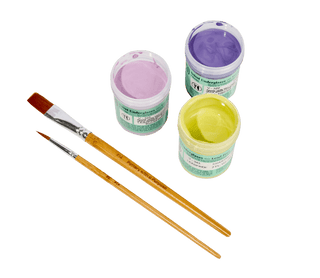 Amaco Underglazes in Chartreuse, Pink and Purple with 2 Paintbrushes on a transparent backgrond