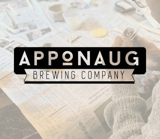 Apponaug Brewing Company logo with a blurred background of a person holding pottery.
