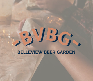 A promotional graphic for Bellevue Beer Garden (BVGG) featuring the stylized text '-BVBG-' in peach and navy blue, with 'BELLEVIEW BEER GARDEN' underneath, overlaid on a warm-toned, slightly hazy background of people holding beer glasses.