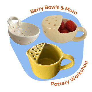 Three ceramic bowls in different colors with 'Berry Bowls & More' branding on a blue background.