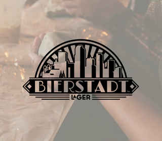 A black and white graphic logo for 'Bierstadt Lager' featuring a stylized city skyline inside an arch, overlaid on a faded background of a person holding a mug.