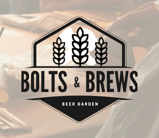 Logo of Bolts & Brews Beer Garden with wheat stalks and text on a blurred background.