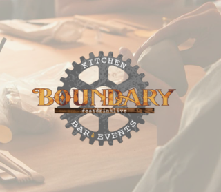 A circular logo overlay reading 'KITCHEN BOUNDARY #eatdrinklive BAR EVENTS' over a softly blurred warm-toned bar scene with a person pouring a drink.