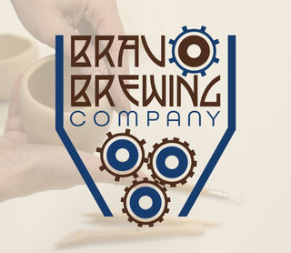 Bravo Brewing Company logo with gears on a blurred background