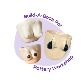 Three ceramic pieces shaped like breasts on a white background with 'Build-A-Boob Pot' text.