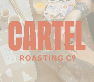 Promotional image for Cartel Roasting Co with pottery on a light background.