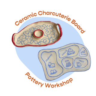 Ceramic charcuterie board with red rim and blue markings on a white background, branded 'Ceramic Charcuterie Board Pottery Workshop'.