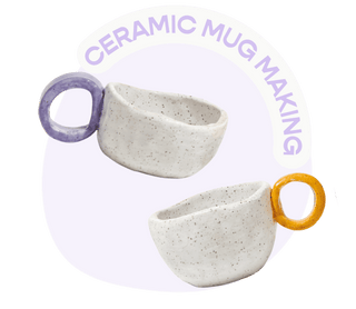 Two ceramic mugs with purple and orange handles on a white background with 'Ceramic Mug Making' text.