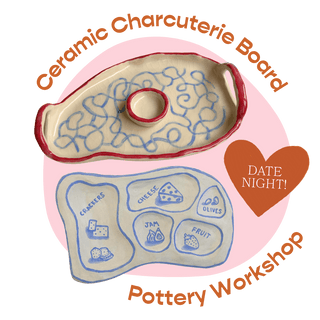 Ceramic charcuterie boards with decorative elements on a pink background, promoting a pottery workshop.