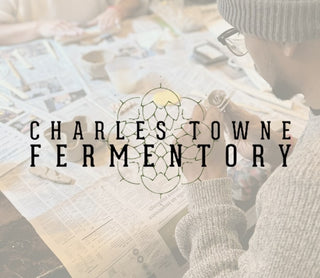 Person sculpting pottery with 'Charles Towne Fermentory' logo overlay.