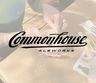Commonhouse Aleworks logo with people around a tablescuplting pottery.