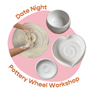 Promotional graphic for a pottery wheel workshop with text saying 'Date Night' and images of ceramic items and hands forming a pot on a spinning wheel.