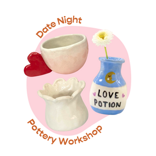 Collage of ceramic items with 'Date Night Pottery Workshop' text on a pink heart background.