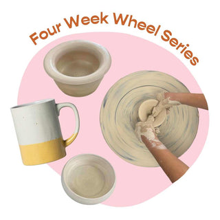 A promotional graphic for a pottery wheel series, showing the text 'Four Week Wheel Series' over a pink circle. Inside the circle are several ceramic items: two small bowls, a mug with a white upper half and yellow lower half, and a large pottery wheel with a hand shaping clay.