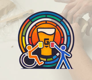 Colorful logo with a rainbow circle, two people lifting drinks, and a beer glass in the middle with 'G' on it for Goldspot Brewing Company