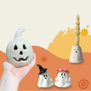 A hand holds a carved white ceramic pumpkin candle on the left, with three more ghost-shaped candles in Halloween styles on a stylized orange and cream background.