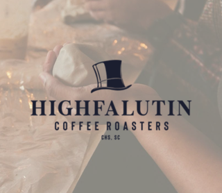 A pottery class scene with a hand holding a piece of clay, overlaid with the Highfalutin Coffee Roasters logo and text.