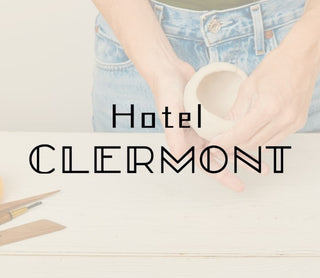 Person sculpting pottery with 'Hotel Clermont' text overlay on a light background