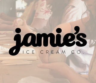 Logo of Jamie's Ice Cream Co. with people enjoying pottery class in the background.