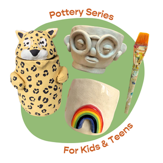 Three ceramic pots with a leopard design, a face, and a rainbow, on a green background with 'Pottery Series For Kids & Teens' text.