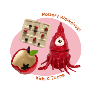 Three ceramic artworks on a pink background with 'Pottery Workshop! Kids & Teens' text.