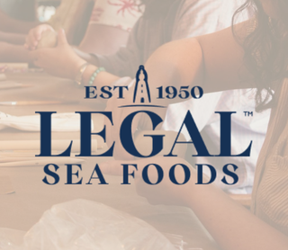 A promotional graphic for Legal Sea Foods featuring the brand name in dark blue text over a faded background photo of people dining at a table.