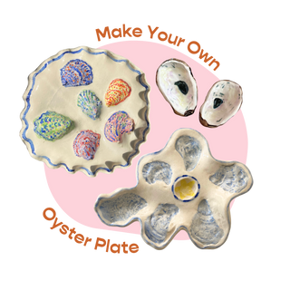 Oyster shell plates with decorative oyster shells on a pink background