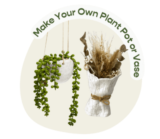 Decorative hanging planter and vase with text 'Make Your Own Plant Pot or Vase' on a white background