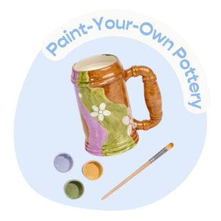 Promotional graphic for 'Paint-Your-Own Pottery' with examples of decorated pottery, paint and paint brush.