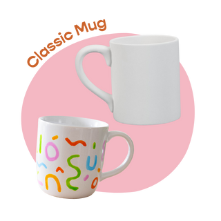 Two mugs, one plain white and one with colorful letters, on a pink background and text 'Classic Mug'