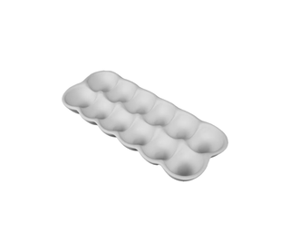 A white silicone egg tray with ten individual egg-shaped cavities, shown at an angle on a solid white background.