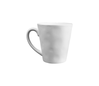 A plain white ceramic mug with a curved handle, shown against a solid white background.