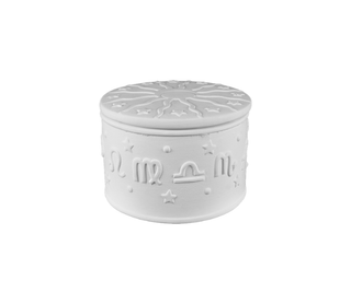 A white ceramic keepsake box with a lid, decorated with embossed astrological symbols and stars, shown on a plain white background.