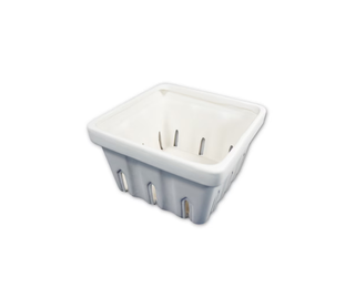 A white plastic berry basket with a square shape and perforated sides, shown on a plain white background.