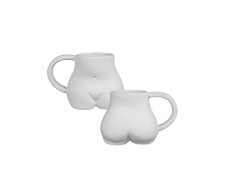 Two white ceramic novelty mugs shaped like a pair of bare buttocks, shown on a plain white background.