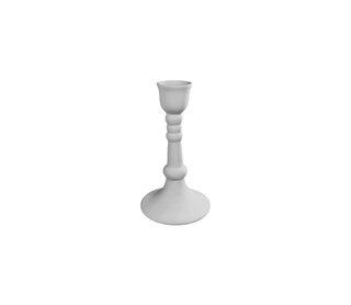 A white ceramic candlestick holder with a flared base and a ribbed stem, shown against a plain white background.
