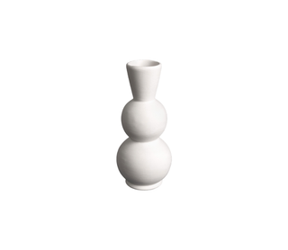 A minimalist white ceramic vase with a sculptural, stacked-globe design and a flared neck, shown on a seamless white background.