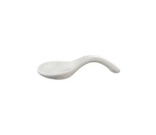 A single white ceramic spoon with a curved handle, shown against a solid white background.
