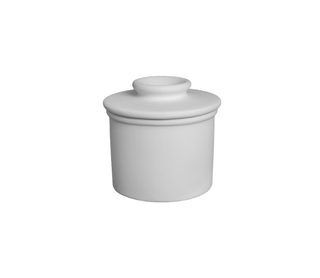 A matte white ceramic lidded container or jar with a cylindrical body and a small top opening, shown on a plain white background.