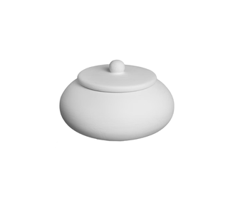 A minimalist white ceramic lidded container with a rounded body and a small spherical knob on top, shown against a solid white background.