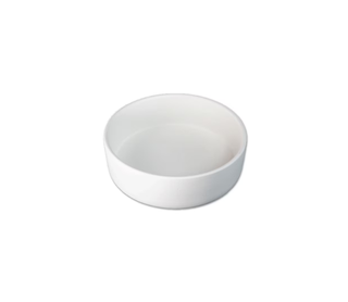A simple white ceramic bowl with a wide rim and shallow depth, shown from a top-down perspective on a solid white background.