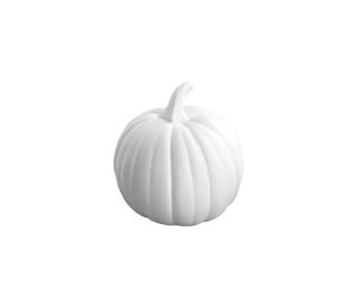 A white decorative pumpkin figurine with a ribbed texture and a short stem, centered on a solid white background.