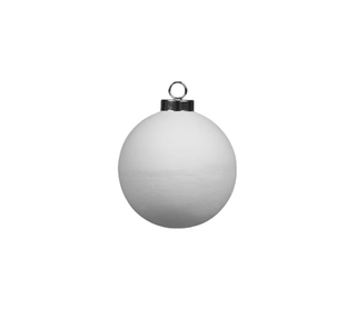 A matte white spherical Christmas ornament with a silver metal cap and hanging loop, centered on a plain white background.