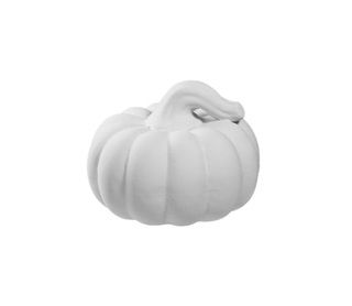 A small white decorative pumpkin figurine with a ribbed body and curved stem, shown on a plain white background.