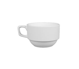 A minimalist white ceramic coffee cup with a wide rim, a small integrated handle, and a subtle flared base, shown on a solid white background.
