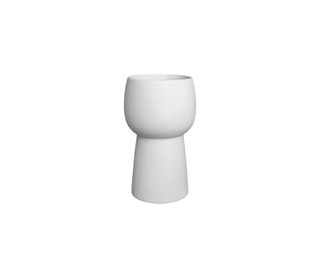 A minimalist white ceramic pedestal planter with a rounded top and tapered base, shown against a solid white background.
