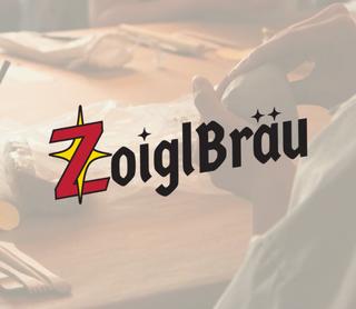 A faded, warm-toned scene of a person holding a mug at a wooden table, with the overlaid brand name 'ZoiglBräu' in stylized red and black lettering.